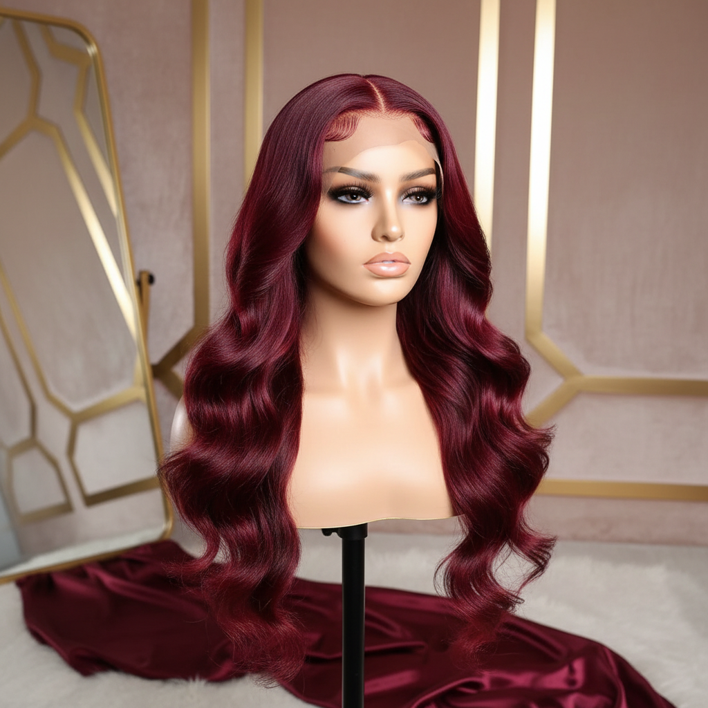 99J Burgundy body wave lace front wig in glamorous setting