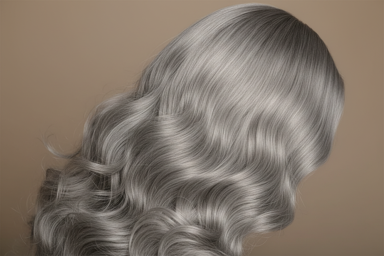 Close-up texture detail of light grey body wave wig