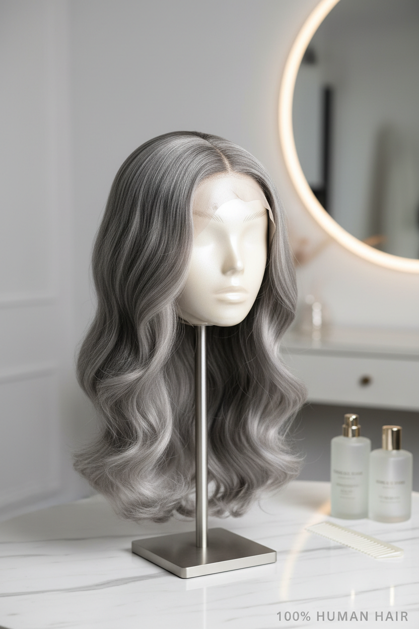 Lifestyle shot of light grey body wave wig on mannequin