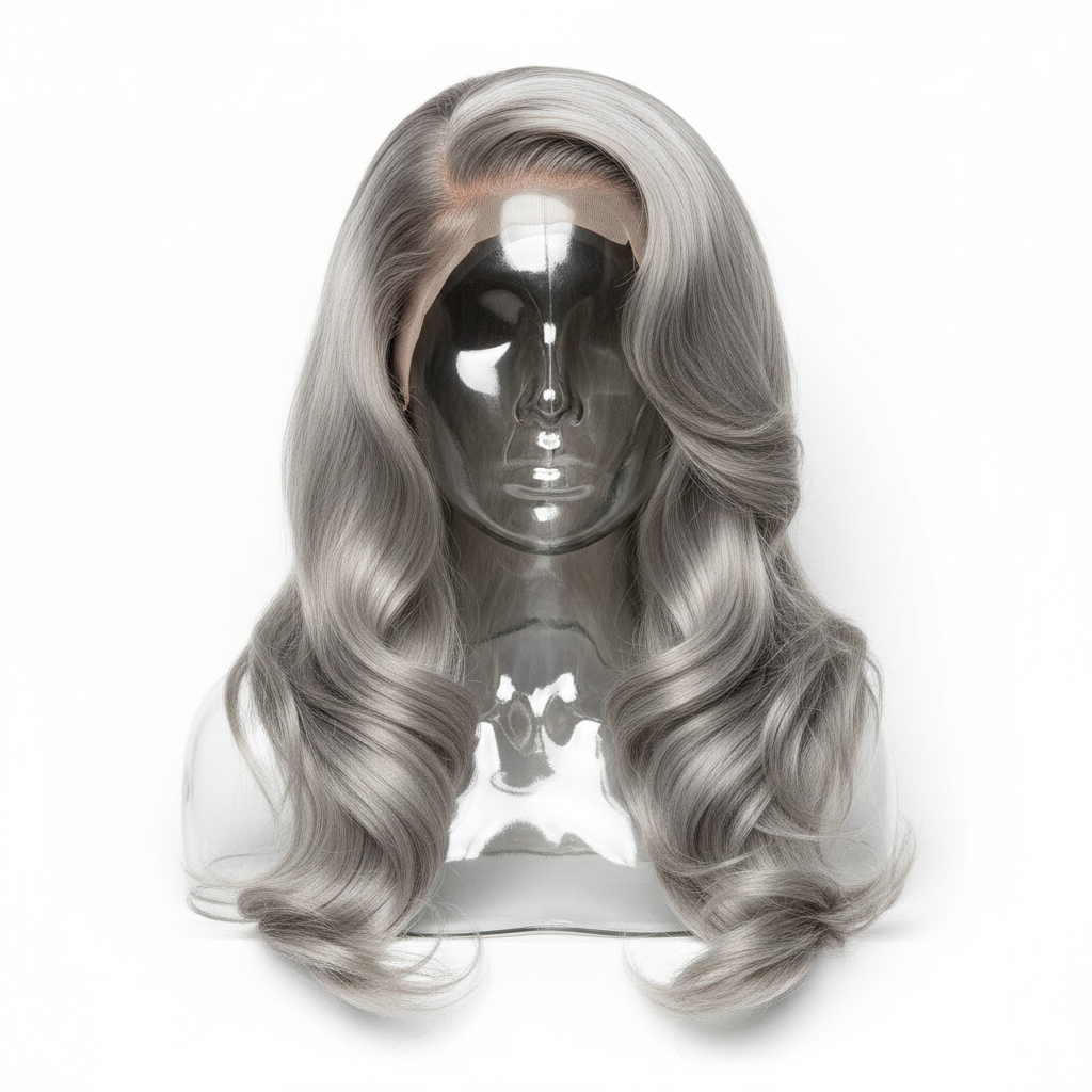 Professional studio shot of light grey body wave wig
