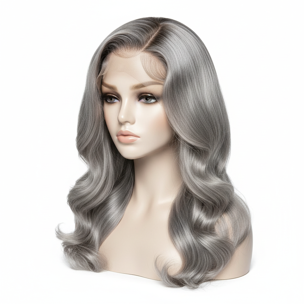 Silver grey body wave wig - main product shot