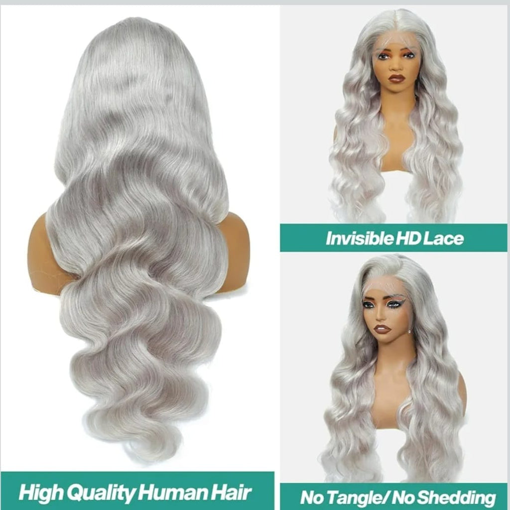 grey body wave human hair wig